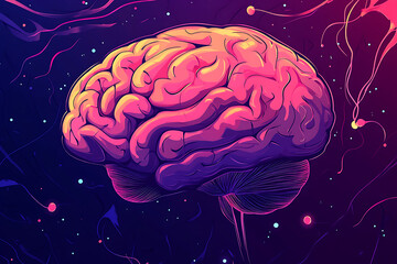 Poster - A vibrant, stylized illustration of a brain set against a cosmic background.