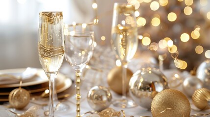 Festive celebration table setting adorned with sparkling glasses and golden ornaments during winter holiday season