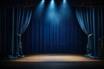 Empty stage with blue color curtains and spotlights