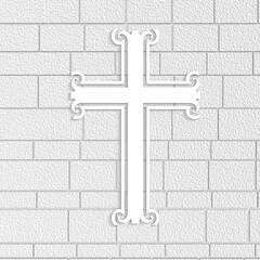 Christian cross on brick wall. Religion concept illustration. 3D render