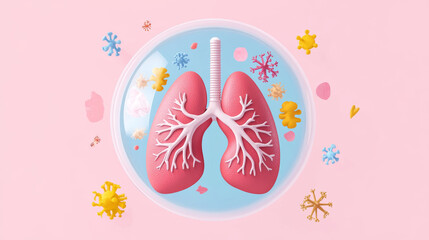 image features stylized representation of human lungs surrounded by colorful microorganisms, illustrating interaction between respiratory system and pathogens. This visual emphasizes importance of lu