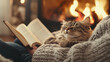 © VERTEX SPACE - Cozy cat resting on persons lap while they read book by warm fireplace, creating serene and comforting atmosphere