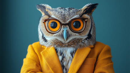 Canvas Print - A wise owl in glasses and a yellow jacket.