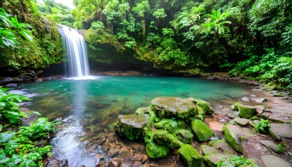 Wall Mural - Stunning Emerald Pool in the lush rainforest of Dominica, a serene tropical paradise surrounded by vibrant greenery and tranquil waters