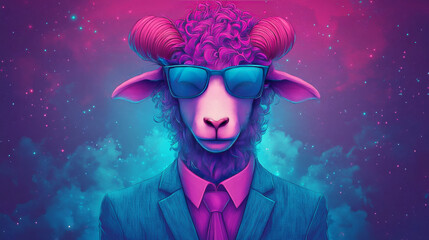 Poster - A cool sheep wearing sunglasses and a suit against a neon background.