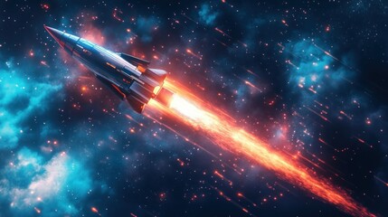 a rocket soaring through a colorful cosmic background, symbolizing space exploration.