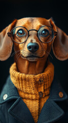 Canvas Print - A cute dachshund wearing glasses and a sweater.