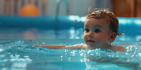 Wall Mural - baby swimming in inflatable pool