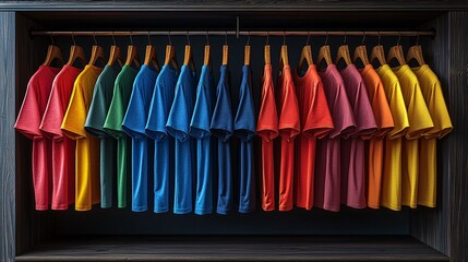 A row of t-shirts displayed in an open wardrobe, each featuring a different bright color and vector design