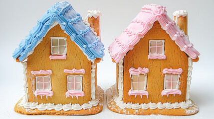 Two gingerbread houses with blue and pink frosting celebrating gingerbread house day