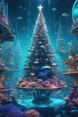 Holographic christmas tree glowing in futuristic underwater city