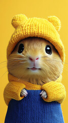 Canvas Print - Cute hamster in a yellow knitted hat and sweater.