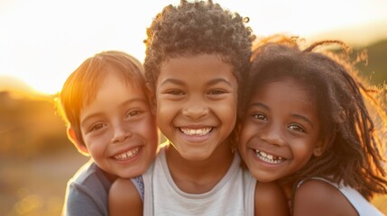 Wall Mural - A warm close-up of three children with diverse skin tones, smiling together