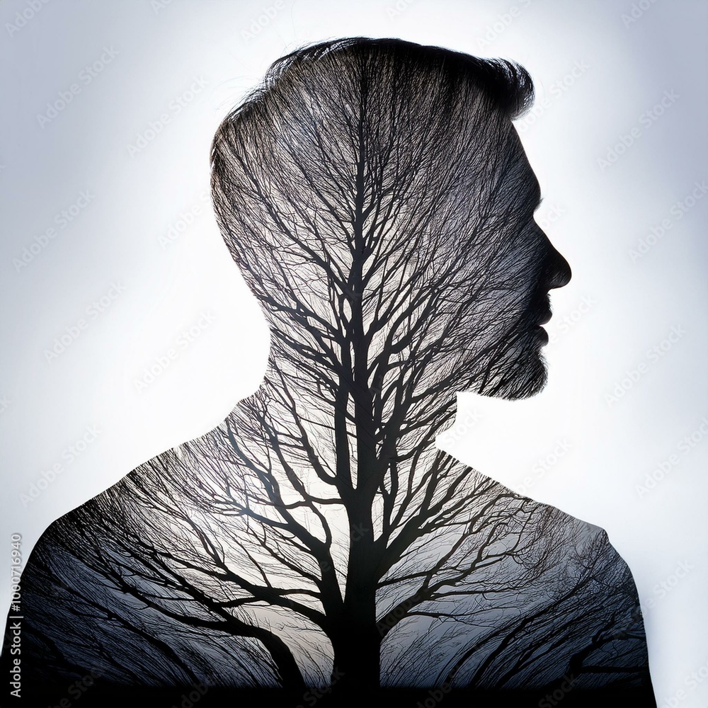 Double exposure image featuring a man's profile merged with a bare tree ...