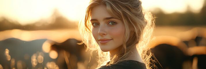 Wall Mural - Young woman smiles in golden field