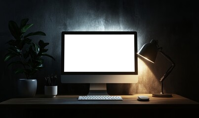 Modern computer with a blank screen on a wooden desk against a dark wall, ideal for mockups and presentations, Generative AI