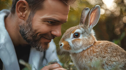 Canvas Print - Man smiles at a brown bunny rabbit.