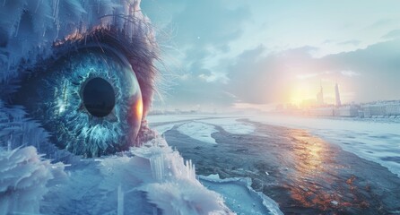 Sticker - frozen winter landscape with eye of animal