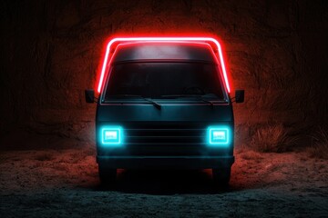 Poster - Glowing neon truck in dark tunnel