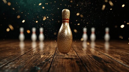 Poster - Glittering bowling pin on wooden floor with falling glitter