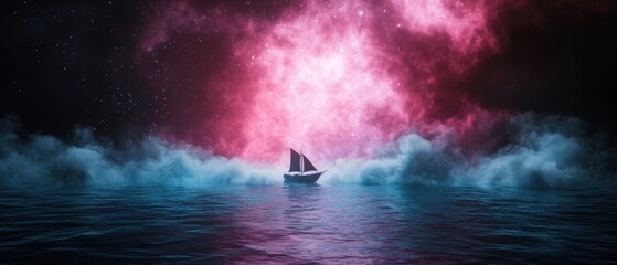 Poster - Mystical night sky and sailing ship on serene ocean