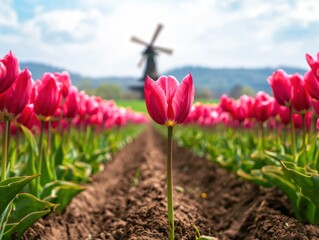 Poster - Vibrant tulips in a field with a windmill in the background