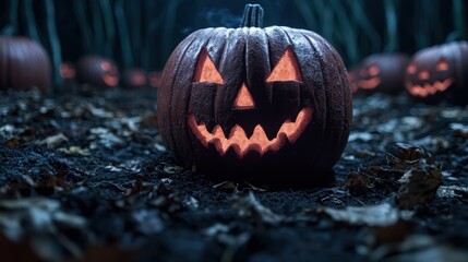 Spooky jack-o'-lantern in dark forest