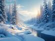 © idspopd - Photorealistic illustration of winter snow-covered landscape for season-specific background.