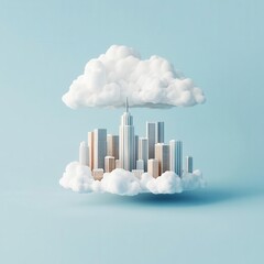 City skyline with clouds on a soft blue background.