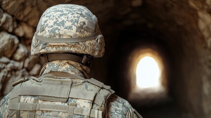 Wall Mural - soldier in camouflage uniform walking towards light