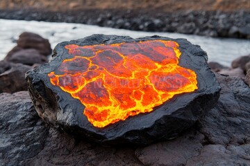 Wall Mural - Glowing lava rock in volcanic landscape