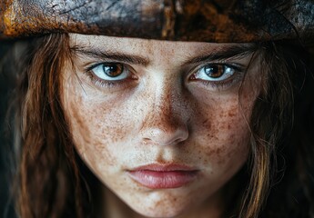 Sticker - Captivating portrait of a young woman with striking eyes and freckles