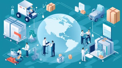 A detailed digital illustration depicting the global healthcare supply chain with medical professionals, vehicles, and packages around a central globe.