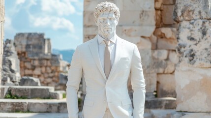 Sticker - Elegant businessman statue in front of ancient ruins