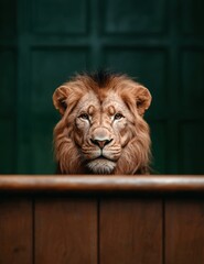 Wall Mural - Majestic lion peering through wooden fence