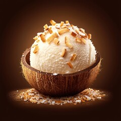 A delectable scoop of coconut ice cream garnished with toasted flakes, presented in a rustic coconut shell.