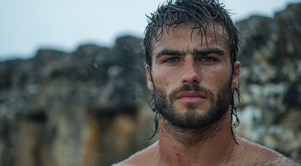 Poster - Rugged man with wet hair and beard in the mountains