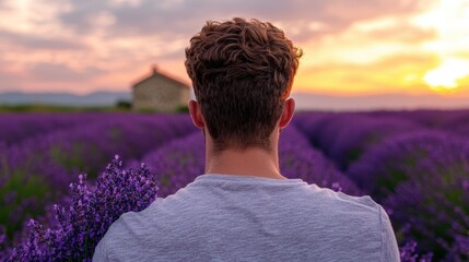 Wall Mural - man admiring lavender field at sunset