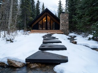 Poster - Cozy winter cabin in snowy forest