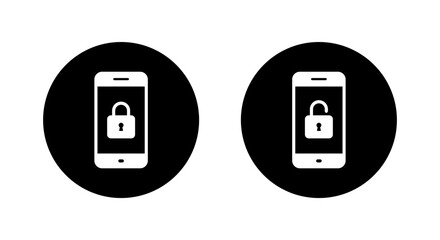 Poster - Lock and unlock padlock on cellphone screen icon on black circle