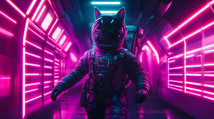 Wall Mural - a futuristic cat astronaut in a neon-lit space station.