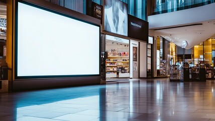 Poster - Mockup blank LED Screen billboard in front of entrance of cosmetics store in shopping mall, Empty space to insert multimedia, advertisement, generative ai