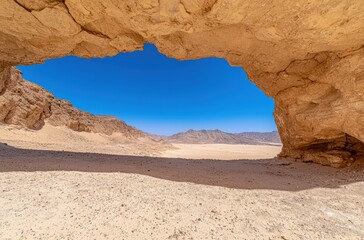 Canvas Print - desert landscape framed by rocky cave entrance