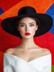 Wall Mural - woman in black hat and white dress against colorful background