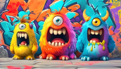 Vibrant Doodle Illustrations of Quirky Cartoon Monsters in a Playful Art Background