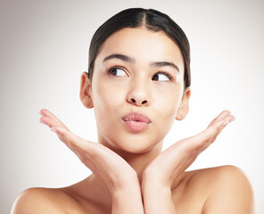 Sticker - Pout, skincare and woman with beauty, makeup and dermatology on gray studio background. Happy person, model and view with glow, grooming routine and treatment with confidence, wellness and aesthetic