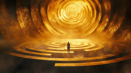 Poster - A lone figure stands at the center of a golden maze, a swirling vortex of light above.