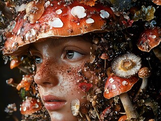 Poster - Surreal Portrait of a Woman with Mushrooms