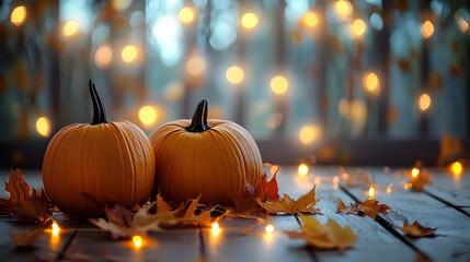 Sticker - Two pumpkins on a wooden table with fall leaves and string lights in the background.