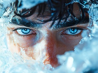 Poster - Intense Gaze Through Frozen Ice: A Portrait of a Man